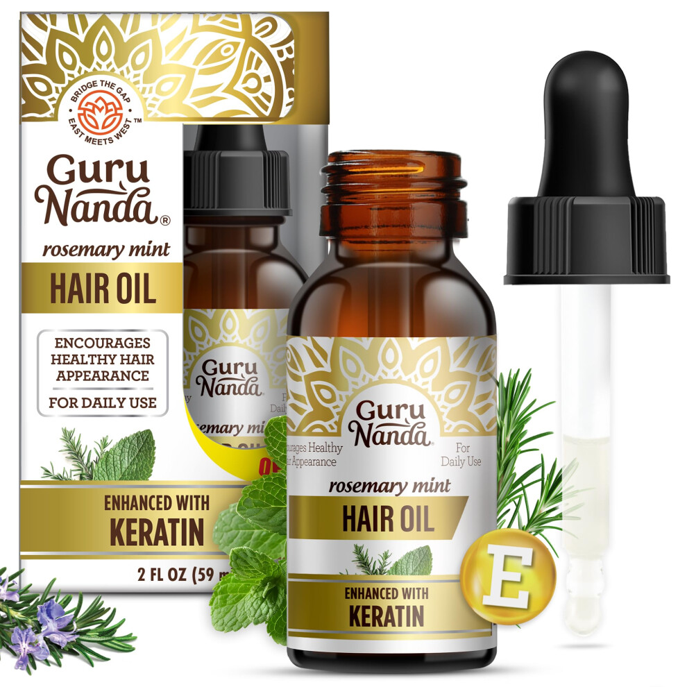 GuruNanda Rosemary Mint for Hair Growth with Keratin & Vitamin E Oil - Encourages Scalp  Shine & Hair Strengthening- 100% Natural  Cruelty-Free  2oz