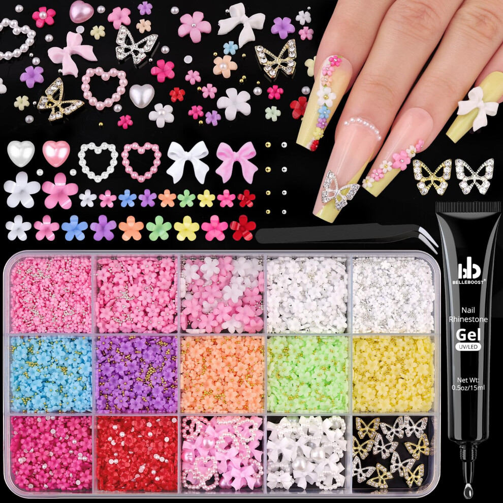 Belleboost 3D Nail Charms With Rhinestone Glue Gel For Nail Art Colorful Acrylic 3D Flowers With Caviar Beads And Flatback Pearls Butterfly Nail Charms + Pearl