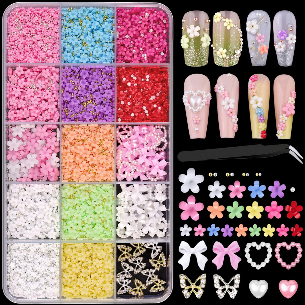 Belleboost 3D Nail Charms For Nail Art Colorful Acrylic 3D Flower Charms Blossom Petal With Caviar Beads And Flatback Pearls Butterfly Nail Charms + Pearl Nail