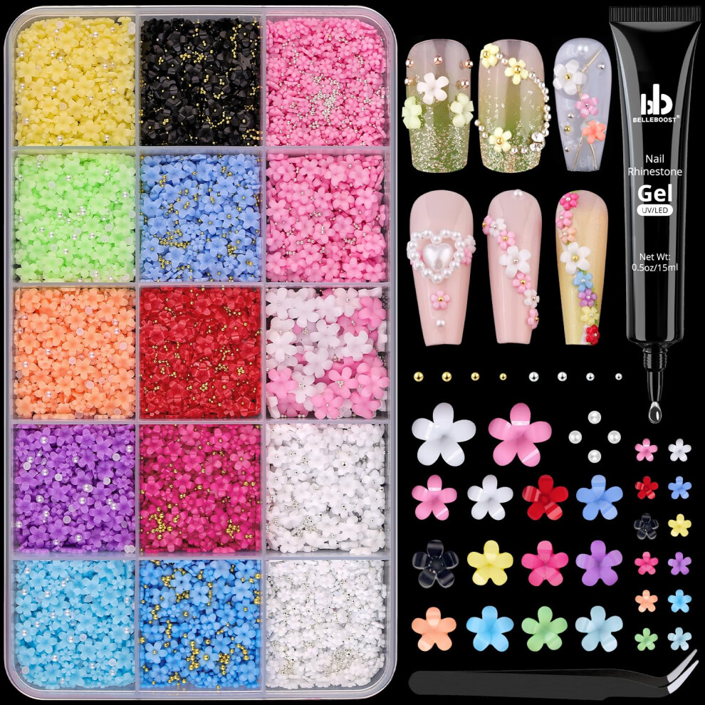 Belleboost 3D Flower Nail Charms With Rhinestone Glue Gel For Nail Art Colorful Acrylic Flower Nail Charms With Caviar Beads And Flatback Pearls Spring Blossom