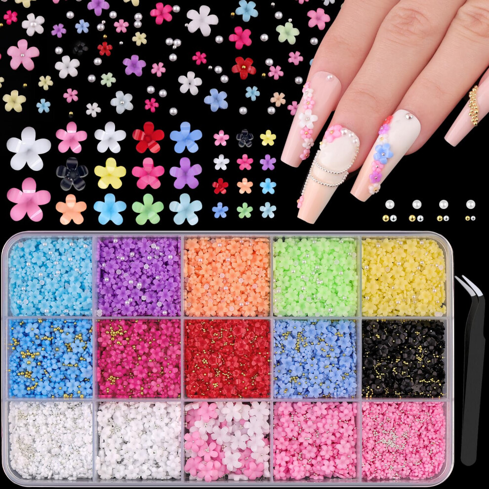 Belleboost White 3D Flower Nail Charms With Tweezers For Nail Art Colorful Acrylic Flower Nail Charms With Caviar Beads And Flatback Pearls Spring Blossom Petal
