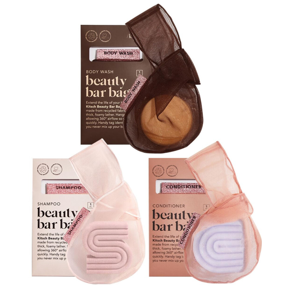Kitsch Bar Soap Saver Bag - Recycled Mesh Beauty Bar Soap Pouch For Body Wash Conditioner & Shampoo Bars Eco-Friendly Patented Soap Savers Holder 3Pc