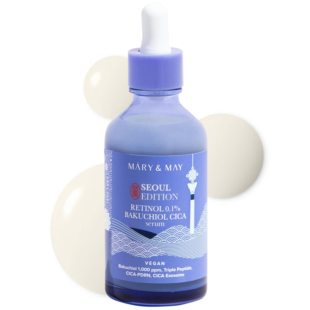 Mary&May Seoul Edition Retinol 0.1% Bakuchiol Cica Serum - Korean Face Serum For Pore Elasticity & Wrinkle Improvement - Cica And Peptides - Frag