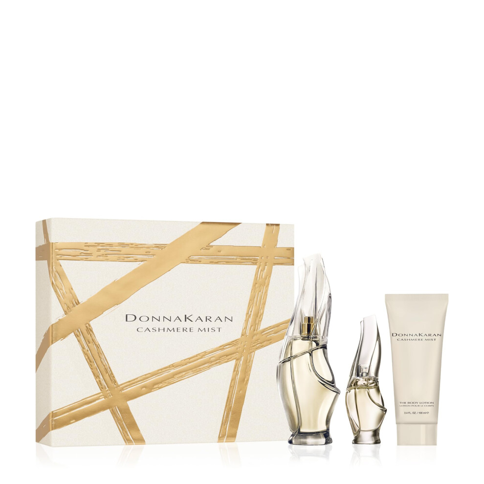 Donna Karan Cashmere Mist Eau de Parfum Essentials 3 Piece Gift Set For Women - Perfume Spray 3.4 Fl. Oz.  Mini Perfume Spray 0.5 Fl. Oz.  & Body Loti