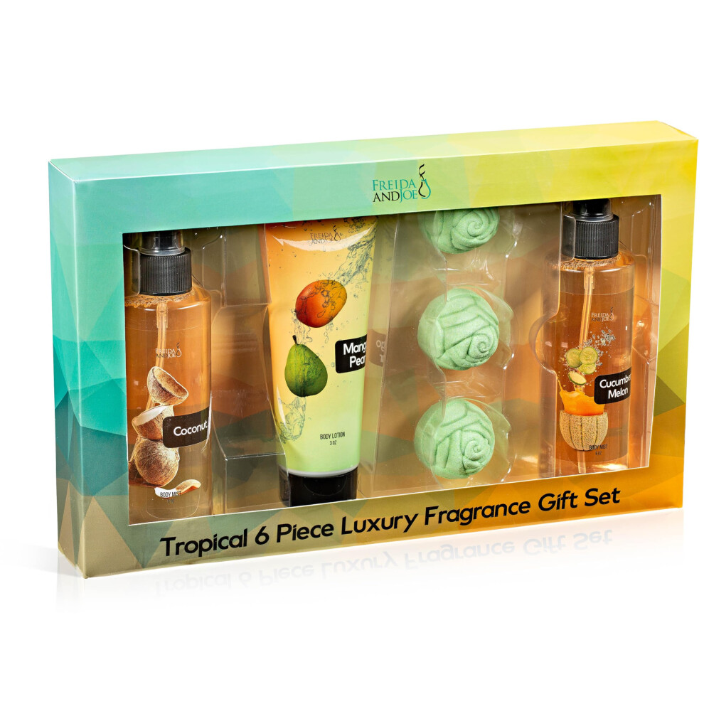 Freida Og Joe Fine Fragrance Body Mist & Body Splash Gift Set - Luxury Self-Care Combo For Women And Girls (Coconut Cucumber Mango Pear W/ Bath Fizzer Bath Bomb)
