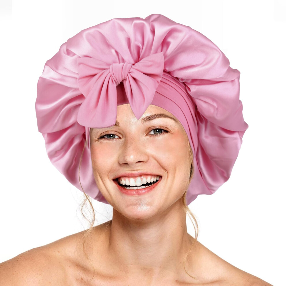 Bonnet En Soie Pour Femmes Endormies, Bonnet En Satin Double éPaisseur, Bonnet Pour Cheveux Avec éLastique RéGlable Pour Cheveux BoucléS (Rose Cl-image