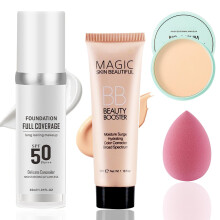 2PCS Color Changing Liquid Foundation Makeup Flawless Full Coverage Foundation with Makeup Brush and Sponge Non-greasy Long Lasting Moisturizing SPF5