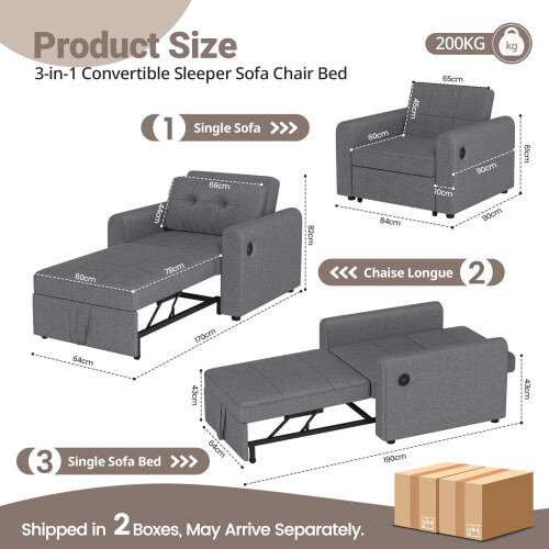 Convertible Single Sofa Bed with USB & Type-C Port 2