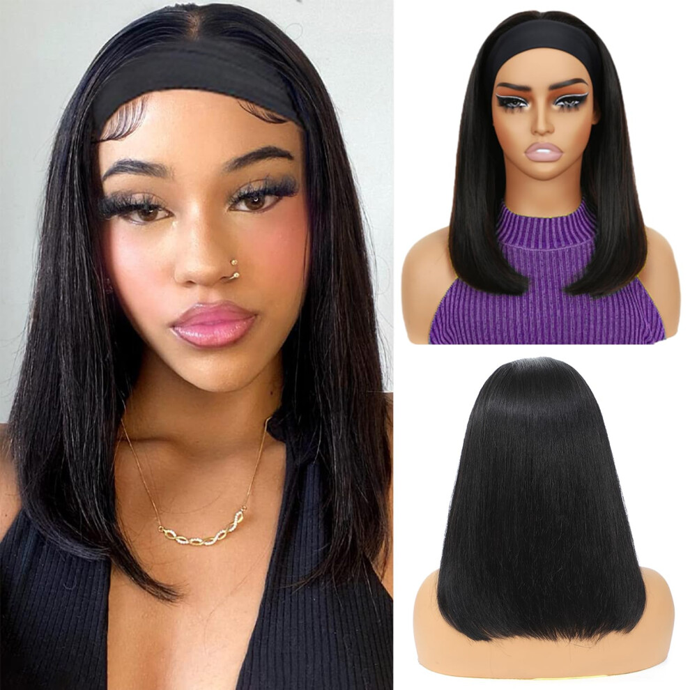 Xc Clouds Unisex Black Headband Wigs Human Hair 14 Inch Bob Headband Wigs For Women Wear And Go Short Bob Wigs Glueless Wigs Human Hair Natural Headban