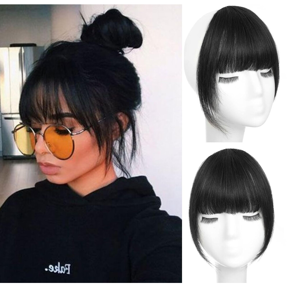 Origen Unisex Black Clip In Bangs Real Human Hair Clip On Wispy Bangs Fringe With Temples Hairpieces Fake Front Bangs Extensions For Women Jet Color