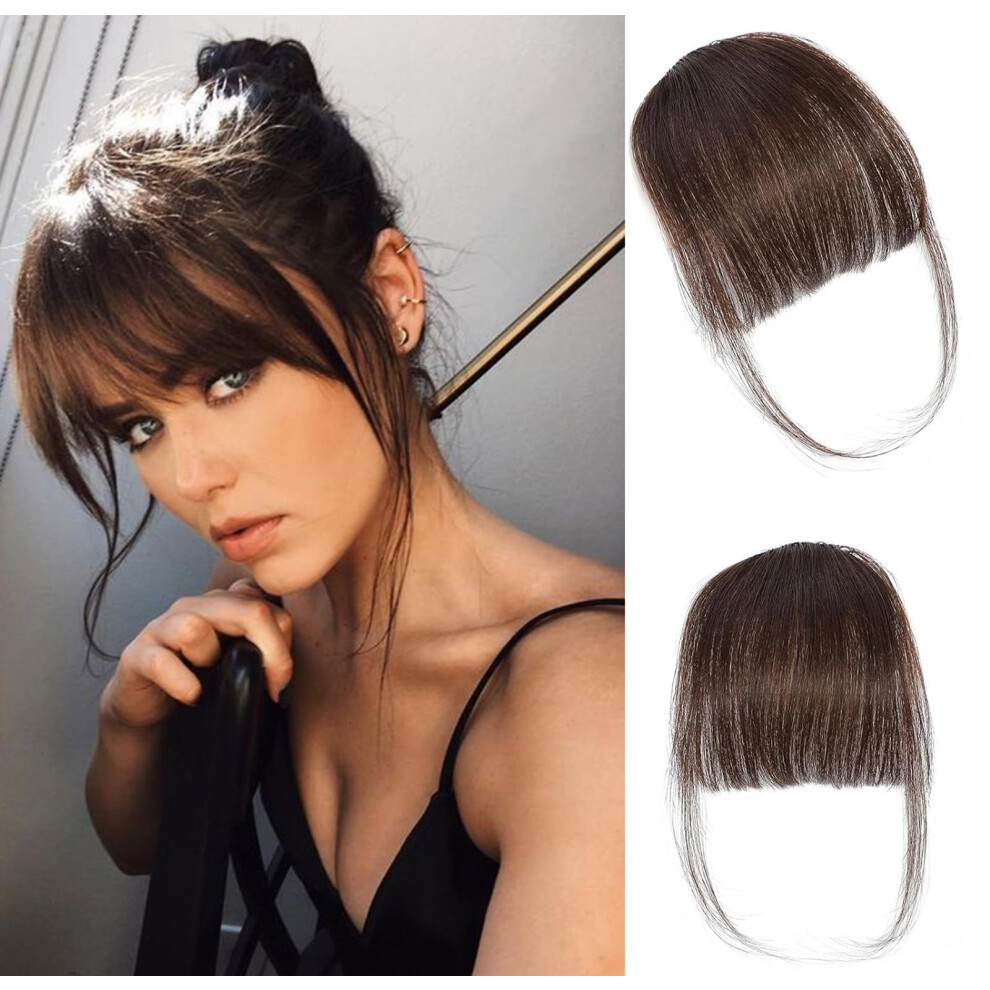 Origen Unisex Brown Clip In Bangs Real Human Hair Clip On Wispy Bangs Fringe With Temples Hairpieces Fake Front Bangs Extensions For Women Dark Color
