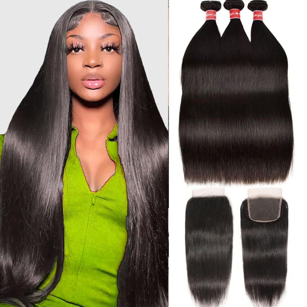 Oshiney Unisex Not,Specified 10A Straight Bundles With Closure Brazilian Human Hair 3 Bundles With Closure 100% Unprocessed Virgin Weave Hair Bundles With 4X4 Lace Closure Free Pa