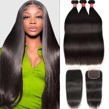 10A Bundles de cheveux humains brsiliens raides avec fermeture Bundles droits avec fermeture en dentelle 4x4 Partie libre Tissage de cheveux hum