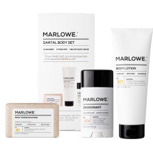 MARLOWEGO. Zestaw do pielegnacji dla mezczyzn Santal Body zawiera nr 102 Scrub Mydlo w kostce nr 024 Dezodorant i nr 002 Balsam do ciala Cieply bursz