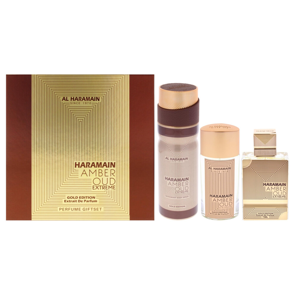 Al Haramain Amber Oud Gold Edition Extreme 3 Pc Gift Set - Unisex Luxury Cologne - Perfume for Men & Women - 2.5oz EDP Spray  1oz EDP Spray  6.6oz Bod