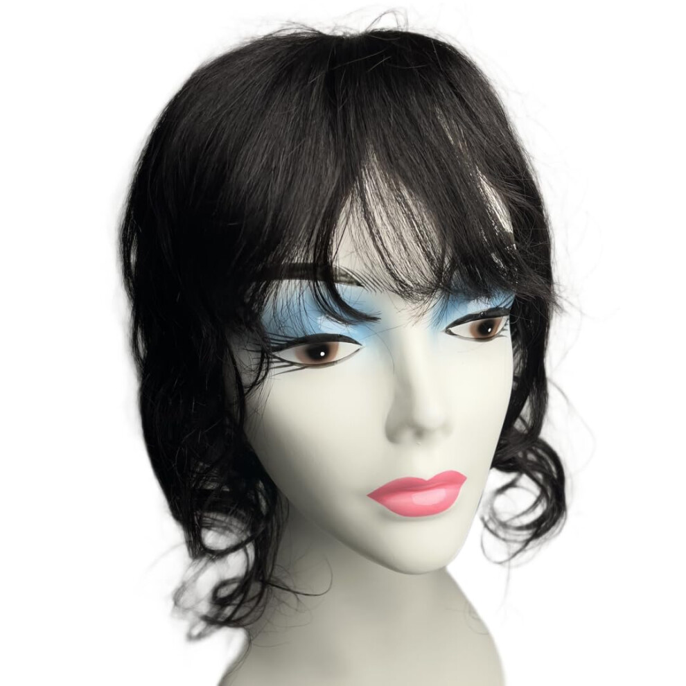 Ayunhe Unisex Black Curly Wavy Human Hair Topper For Women Clip In Human Hairpieces With 3D Bangs Fringe Hair Extensions 35Cm Mid Part Hair Toupee (Black)