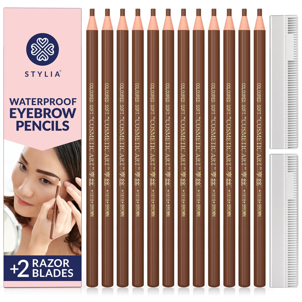 Stylia Brown Eyebrow Pencil Waterproof Eye Brow Pencils For Women Microblading Eyebrow Pencil Eyeliner Pencil Brow Pencil Set (12Pc Br