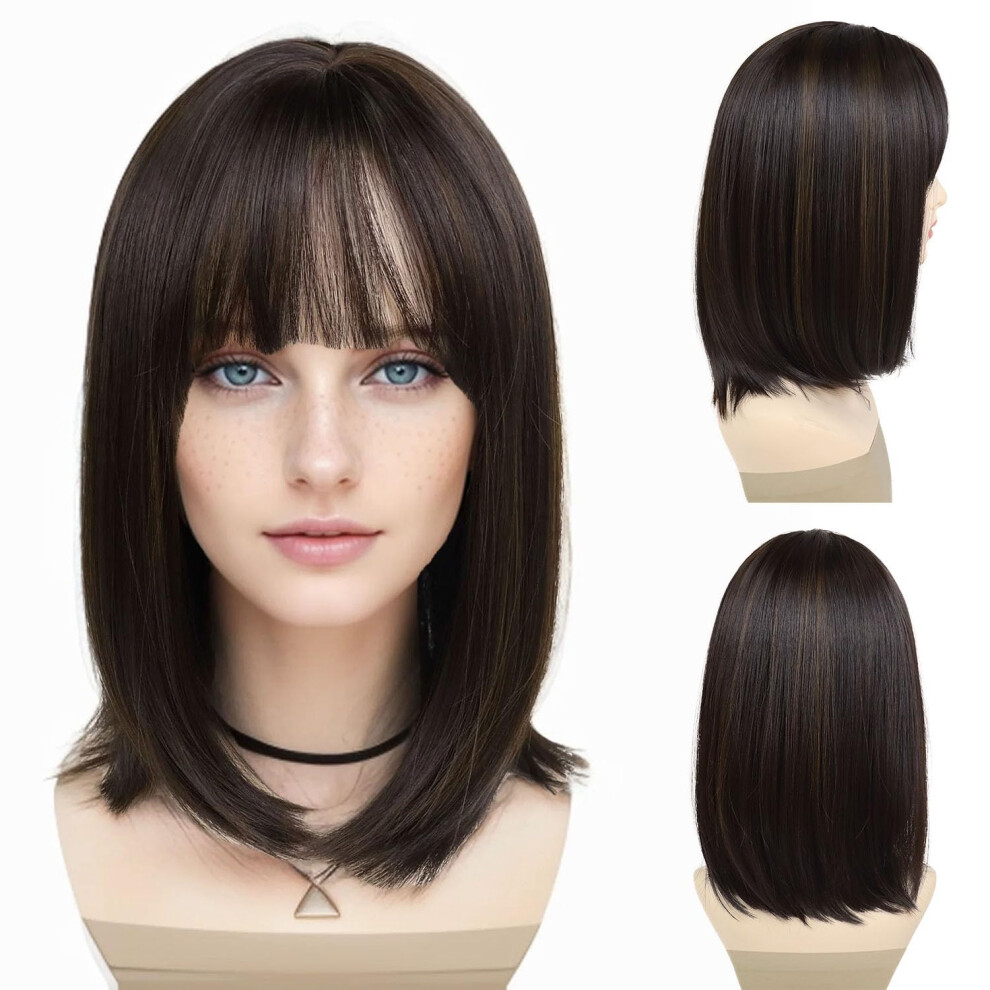 Gnimegil Unisex Brown Short Wigs For Women Synthetic Bob Wig With Bangs Natural Looking Daily Party Velma Wig With Highlights
