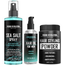 Viking Revolution Sea Salt Spray for Hair Men (8fl oz)  Hydrating Hair Oil for Men with Vitamin E (3.38fl oz) and Hair Styling Powder for Men (1oz) -