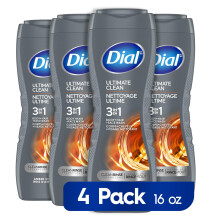 Dial Men 3em1 Gel de Banho, Cabelo e Rosto, Limpeza Total, Fragrância Madeira Âmbar, 16 fl oz, Pack de 4