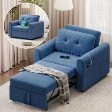 Sofa Bed, 3 in 1 Convertible Single Sofa Bed with USB & Type-C Ports, Pull Out Linen Single Sleeper Chair Bed