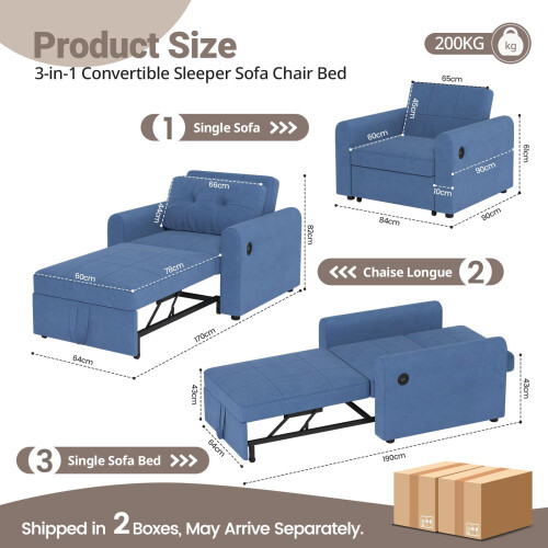 Convertible Single Sofa Bed with USB & Type-C Port 2