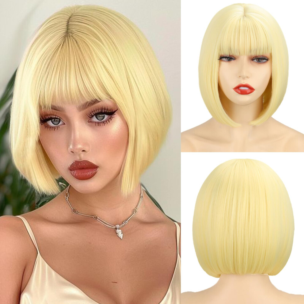 Werd Unisex Not,Specified Blonde Bob Wig With Bangs Straight Bob Wig Short Blonde Wigs For Women Short Light Blond Synthetic Heat Resistant Colorful Wig For Cosplay Party
