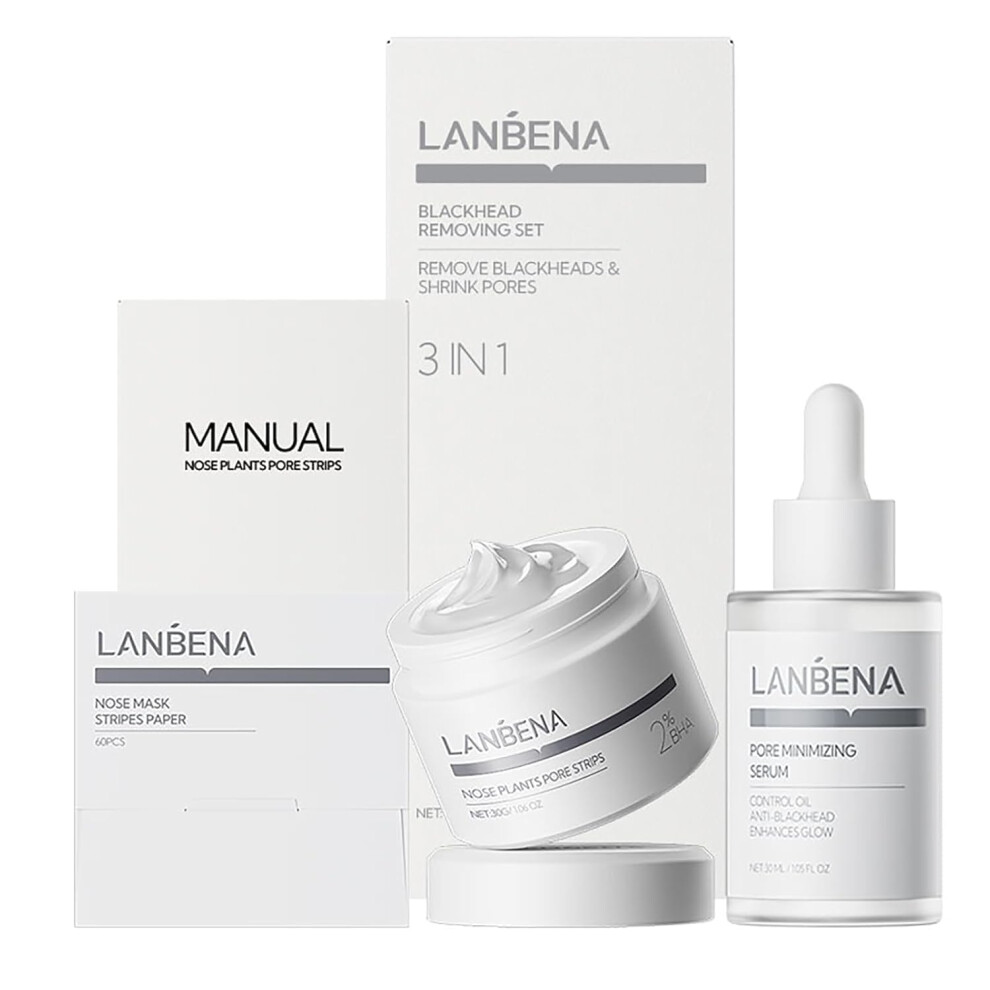 LANBENA 3 in 1 Blackhead Removing Set  Pore Strips 30g+Pore Serum 30ml+Removal Strip Paper  Black Head Remover Mask for Face  Pore Minimizer & Reducer