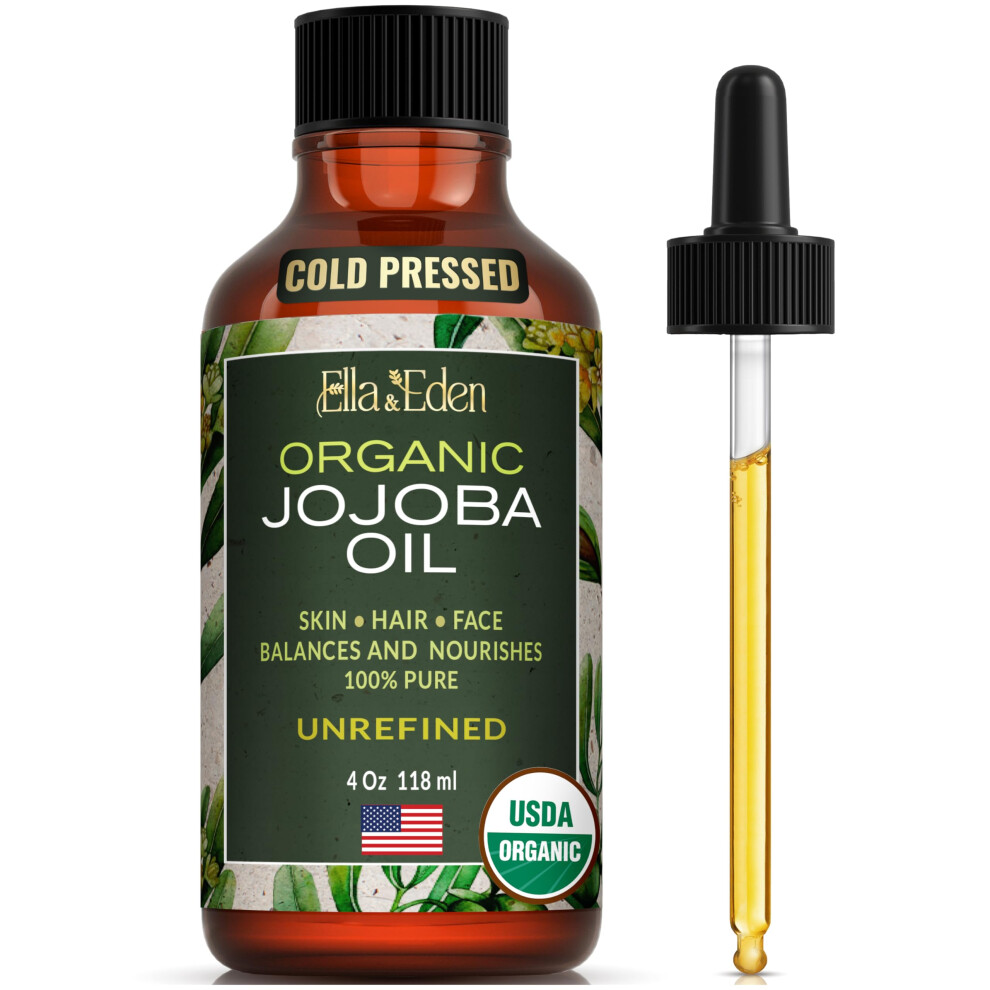 Ella & Eden Organic Jojoba Oil For Hair Skin & Face | Cold-Pressed & Unrefined Usda Certified 100% Pure Hexane-Free Moisturizer In A Glass Bottle