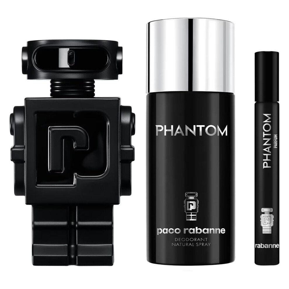 Paco Rabanne Phantom 3-Piece Set for Men  (3.4 Oz Parfum + 5.1 Oz Deodorant Spray + 0.33 Oz Parfum Travel Spray)