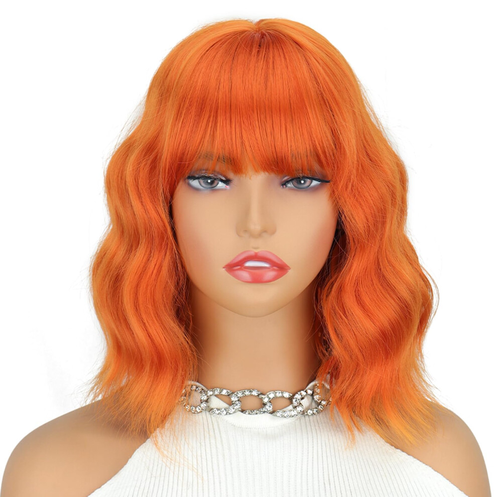 Linghang Unisex Orange Short Wig With Bangs Curly Bob Wigs For Women Synthetic Wigs For Daily Use Costume Cosplay Halloween