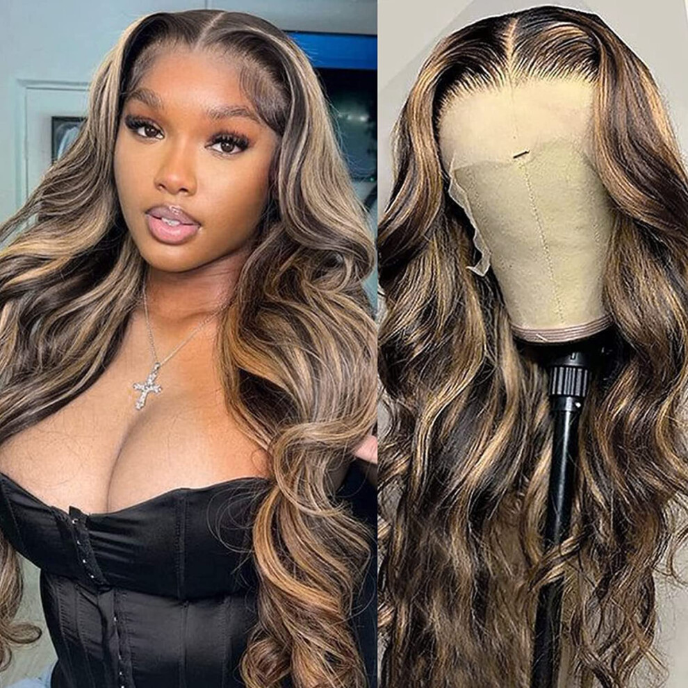 Cheveux Megalook Unisex Not,Specified Megalook Hair Highlight Ombre Hd 13X4 Lace Front Wigs Human Hair Pre Plucked 200% Density Balayage Wig Human Hair Body Wave Lace Front Wigs Human Hair