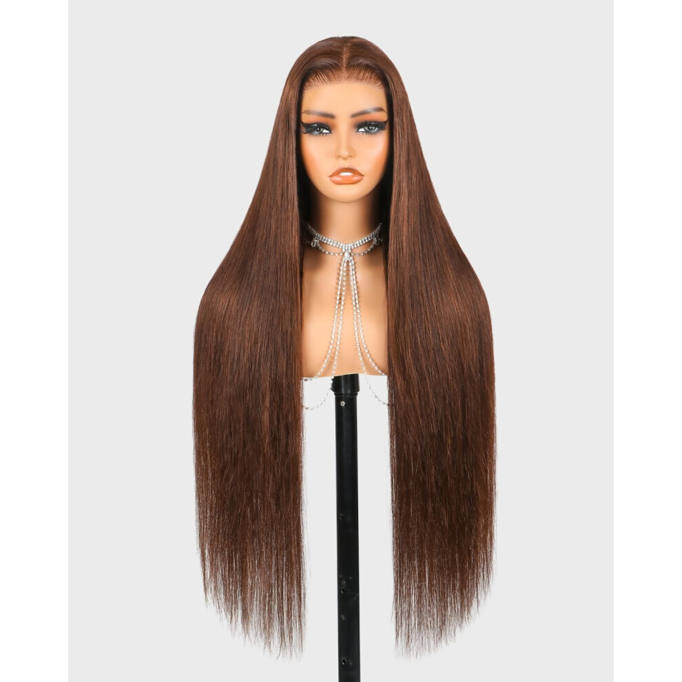 Cheveux Megalook Unisex Brown Megalook Hair Glueless Wigs Human Hair Pre Plucked Pre Cut 6X5 Lace Frontal 4# Wig Human Hair 220% Density Straight Wig Bleached Tiny Knots 20 I