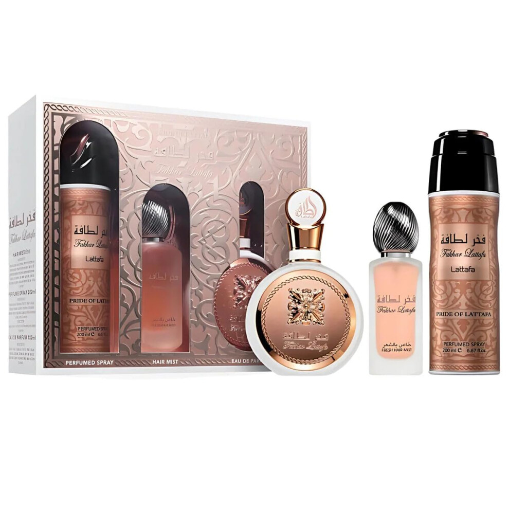 Lattafa Fakhar for Women 3 Piece Set (3.4 Oz Eau de Parfum Spray + 1.7 Oz Hair Mist + 6.7 Oz Deodorant Spray)