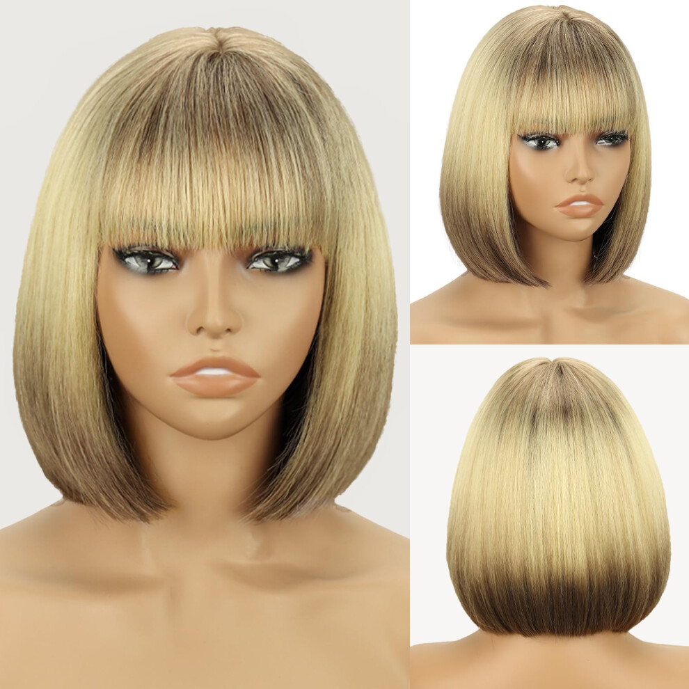 Werd Unisex Brown Short Blonde Bob Wig For Women Light Bob Wigs With Bangs Mixed Blonde Highlights Wigs For Daily Use Cosplay