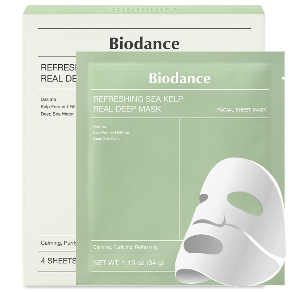 Biodance Refreshing Sea Kelp Real Deep Mask Overnight Hydrogel Mask Calming Oil & Sebum Control Blemish Care 1.19Oz(34G) X 4Ea