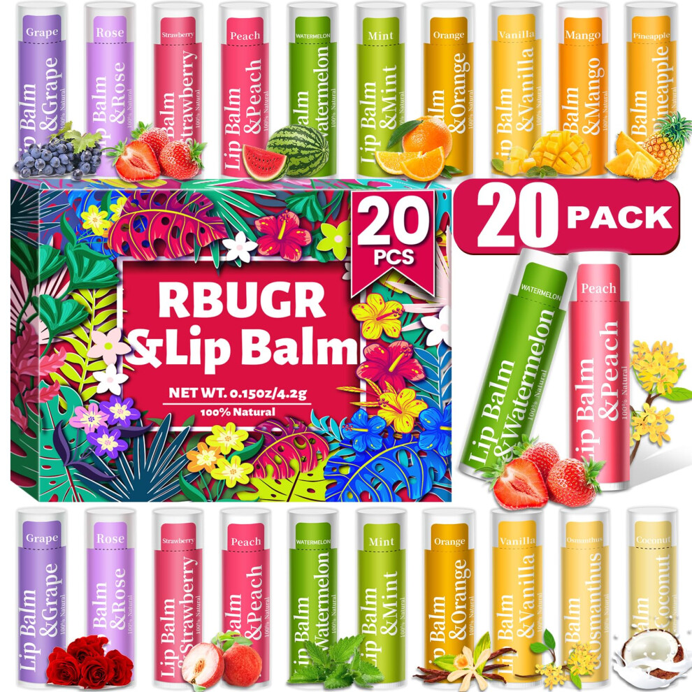 Rbugr 20 Pack Lip Balm 12 Flavored Natural Lip Balm Bulk Set Moisturizing Bulk Mini Balm Pack For Dry Cracked Lips Hydrating For Gifts Party Favors(