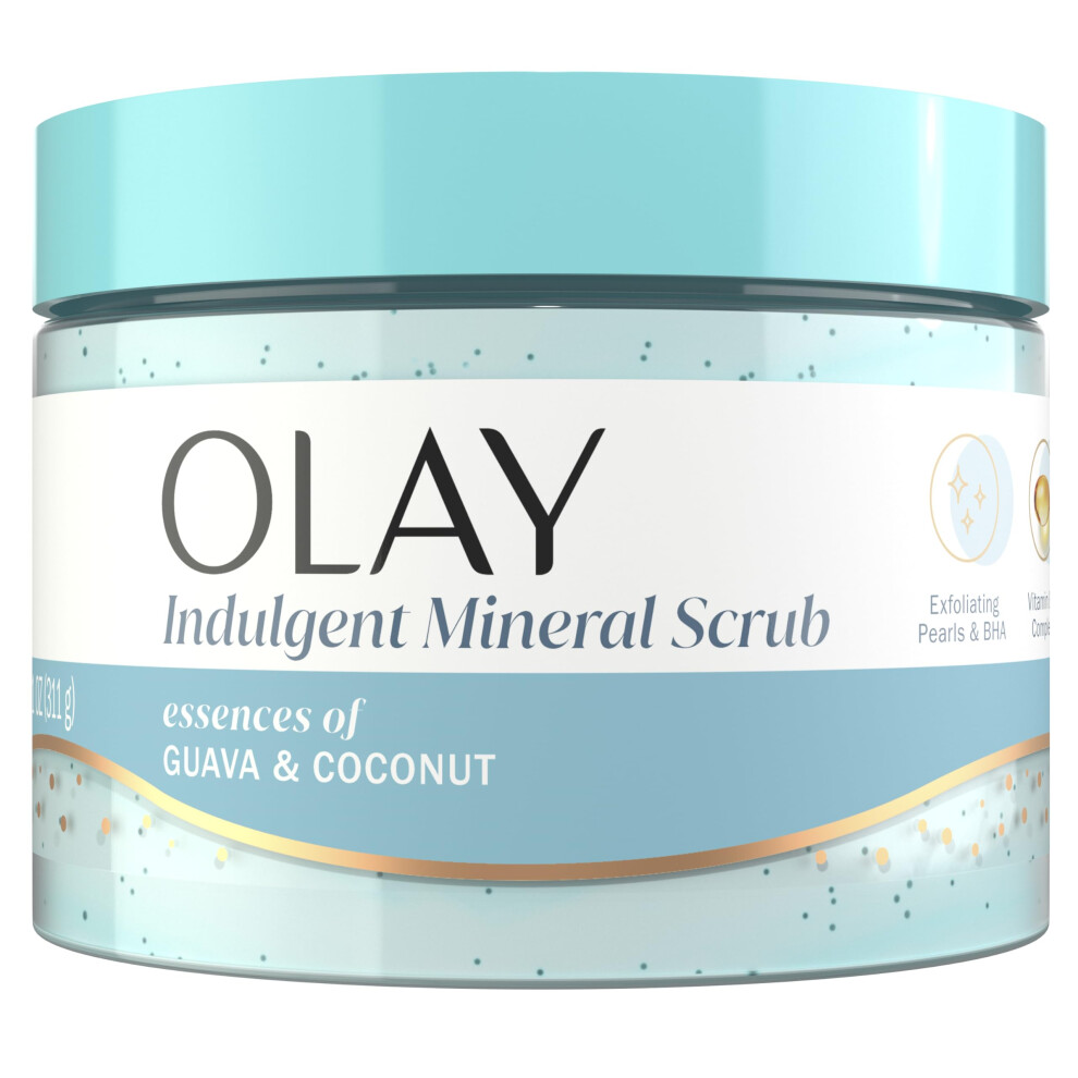 Olay Indulgent Mineral Scrub  Skin Exfoliating & Massaging Pearls  Renewing BHA  Vitamin B3 Complex  Essences of Coconut & Guava Scent  11 oz