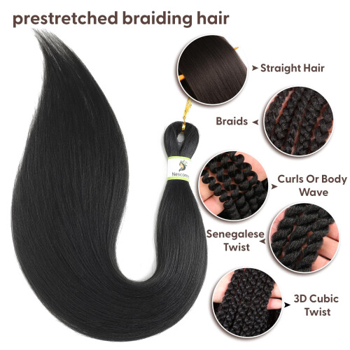 Cabelo de trança pré-esticado preto 24 polegadas 8 pacotes 2