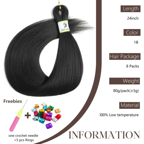Cabelo de trança pré-esticado preto 24 polegadas 8 pacotes 1