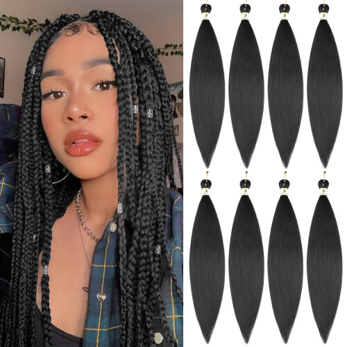 Cabelo de trança pré-esticado preto 24 polegadas 8 pacotes