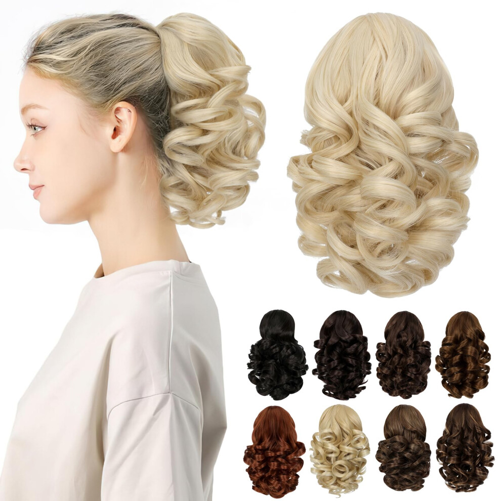 Cephermer Ponytail Extension 9"""" Claw Clip In Short Curly Wavy Pony Tails Hair Extensions Jaw Clip On Ponytail Hairpiece For Women Light Blonde