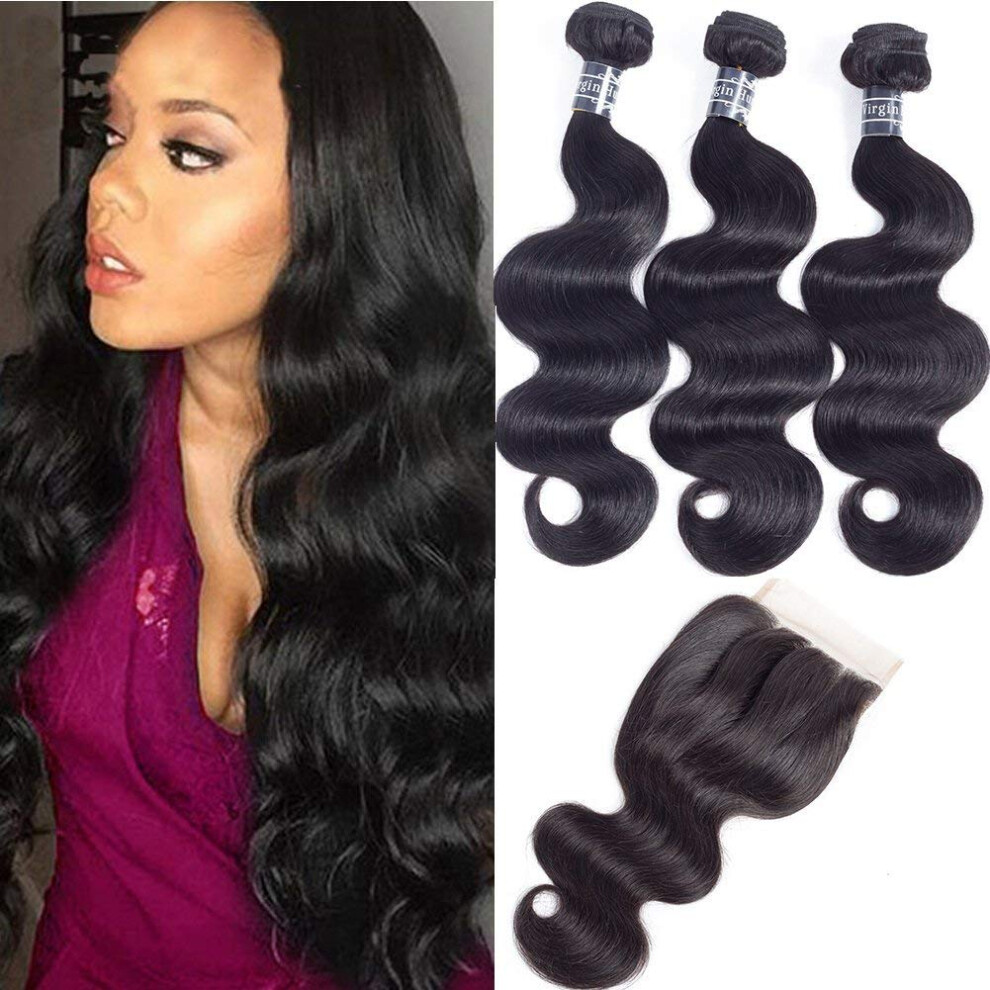 Amella Hair 100% Unprocessed Brazilian Virgin Body Wave Hair 3 Bundles With Closure (16 18 20+14 Three Part)8A Brazilian Body Wave Human Hair Extensio