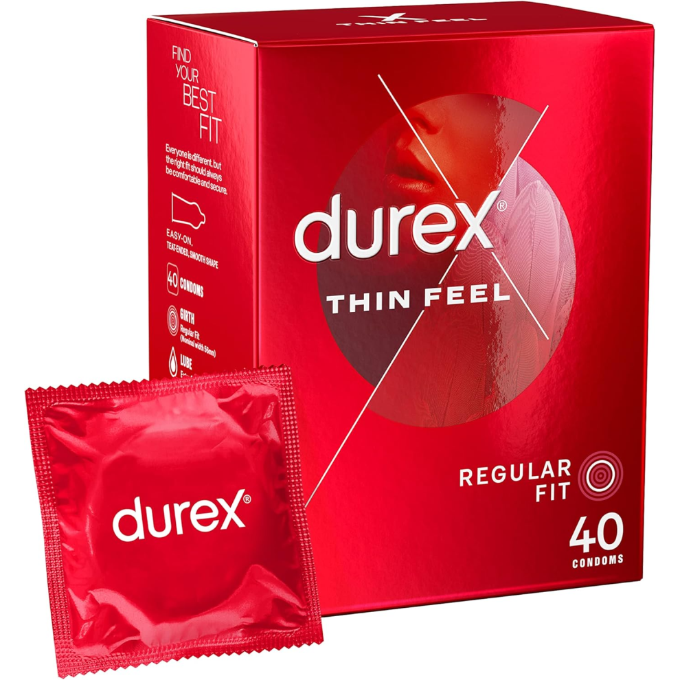 Durex Thin Feel Condoms, Regular Fit, 40s, Secure, Natural Latex, with Silicone Lube, Easy On Shape, More Sensitivity