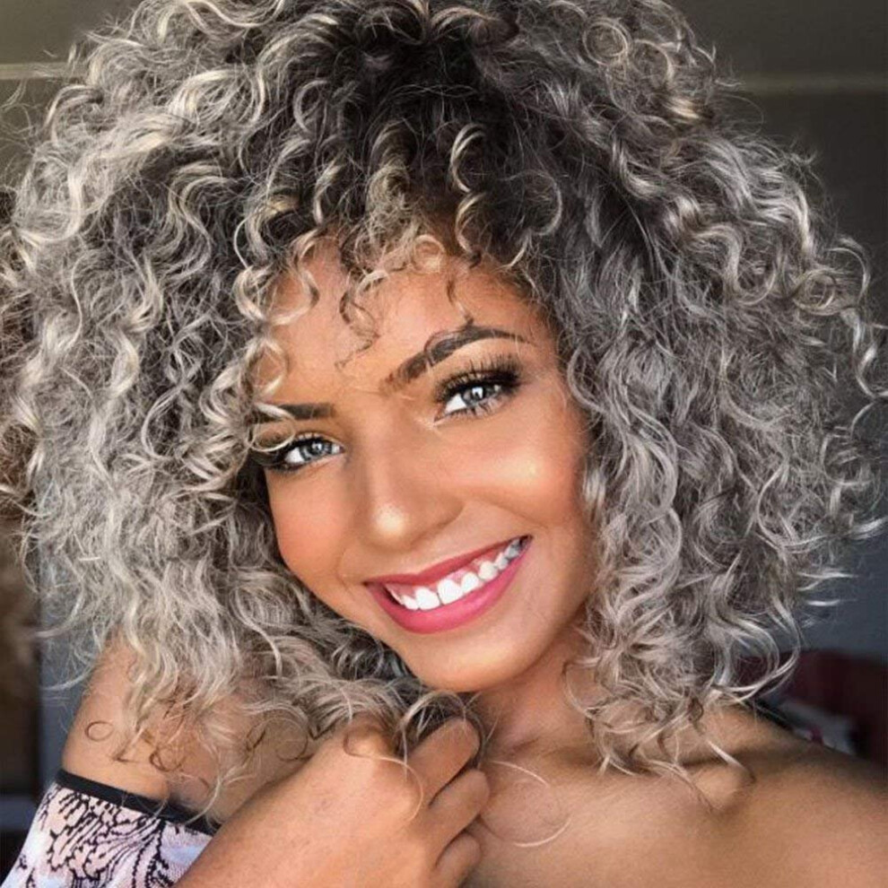 Xinran Unisex Black,Grey Curly Afro Grey Wigs For Black Women Short Grey Curly Afro Wig With Bangs Synthetic Omber Gray Curly Full Wig 14 Inch