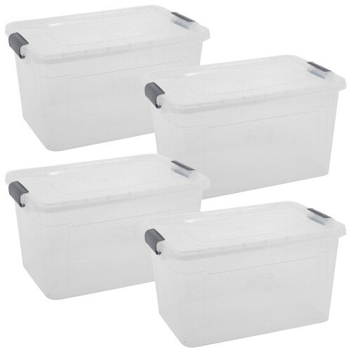 URBN Living (4x30L) Clear Plastic Storage Box Lid Home Office Garage