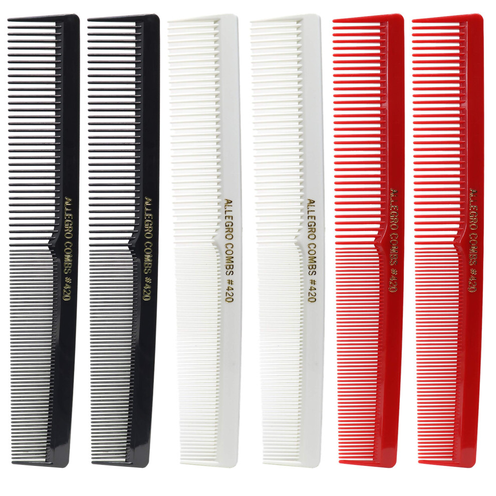 Allegro Combs 420 Barber Comb Set For Hair Cutting And Styling - 6 Pocket Combs For Stylists In Black Red And White
