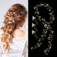 Nljihkure Bride Wedding Crystal Hair Vine Accessories Extra Long Pearl and Beads Bridal Headband Head Pieces for Women Girls (Gold)