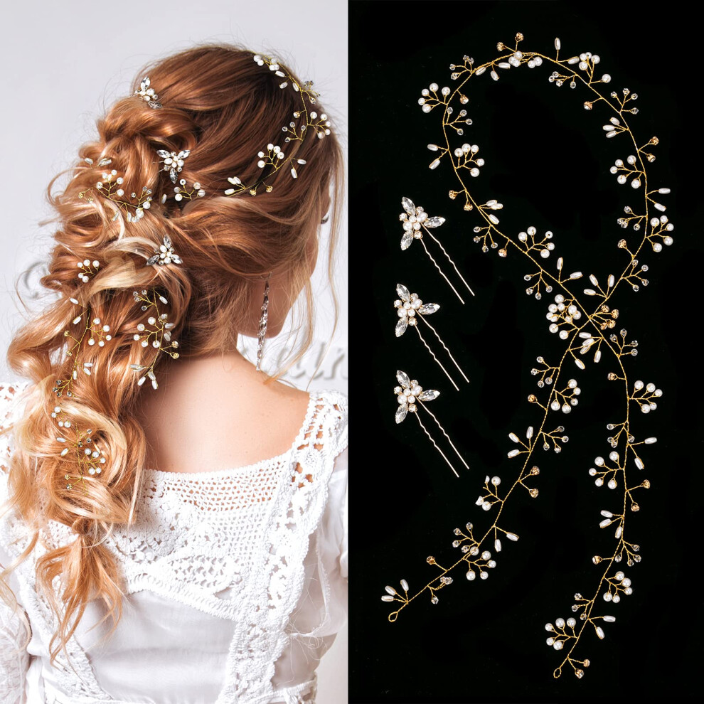 Nljihkure Bride Wedding Crystal Hair Vine Accessories Extra Long Pearl And Beads Bridal Headband Head Pieces For Women Girls (Gold)