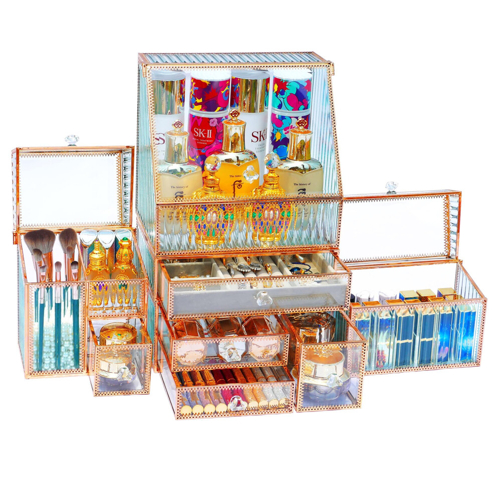 Youdepot Makeup Organizer Countertop Cosmetic Organizer Tempered Glass Multi-Functional 5-In-1 Cosmetic Display Cases Stackable Vanity Organizer Jewe